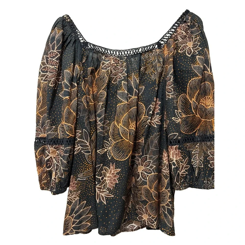 NWT FARM Rio x Anthropologie Floral Puff Sleeve Cotton Blouse Black Size L